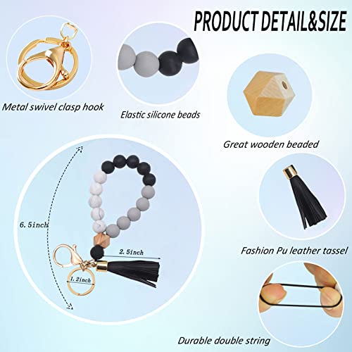Alysha 2Pcs Silicone Beaded Bracelet Keychain, Key Ring Bangle Wristlet Keychain With Leather Tassel For Women/Girls (Black) #TOP5