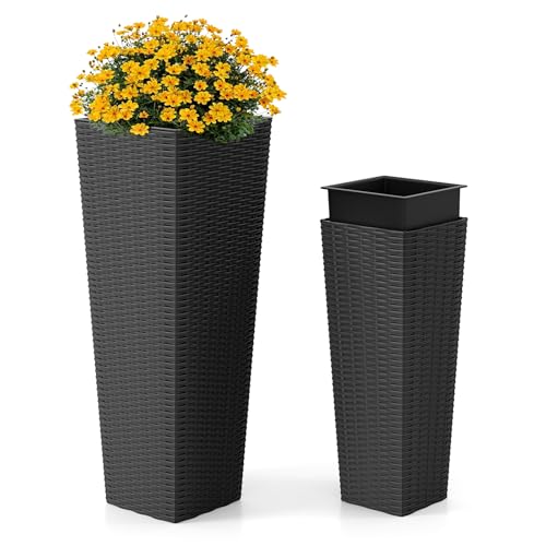 COSTWAY 2 er Pflanzkübel mit Innentopf, 82 cm / 60 cm hoch, Rattan Pflanzgefäße stapelbar, Blumentöpfe mit Entwässerungslöchern, Übertopf für Garten Terrasse Hinterhof Balkon (Schwarz) COSTWAY 2 er Pflanzkübel mit Innentopf, 82 cm / 60 cm hoch, Rattan Pflanzgefäße stapelbar, Blumentöpfe mit Entwässerungslöchern, Übertopf für Garten Terrasse Hinterhof Balkon (Schwarz)