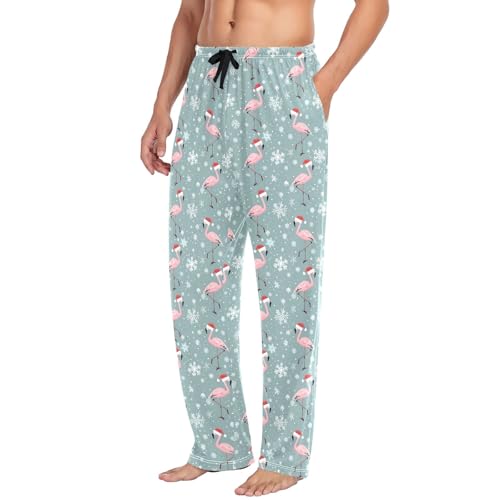 Mens Cotton Pajama Pants Sleep Lounge Pj Bottoms Sleepwear with Pockets Drawstring S Flamingos Santa Hats4