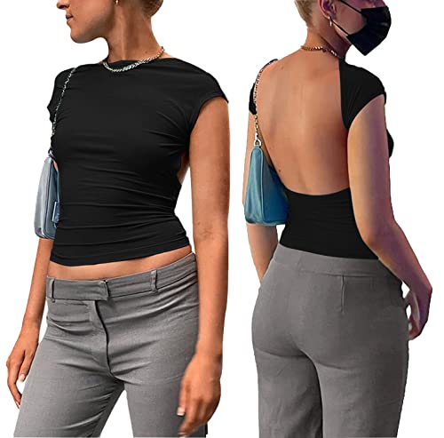 Vertvie Sexy Rückenfreies Top Shirts Kurzarm Slim Fit Cropped Tee Cut Out Oberteile Y2K Front Back Reversible Tops Rundhals Backless Bluse T-Shirt Streetwear(Kurzarm-Schwarz,S) Cover