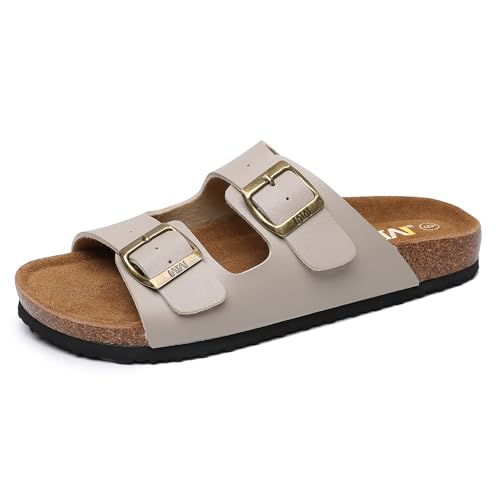 Image of WTW Women's Suede Cork Footbed Sandals Slide for Women with Arch Support | Comfortable Summer Sandals, Memory Foam Insole, Adjustable Buckle Beach Slip on Sandals for Travel and Everyday Wear