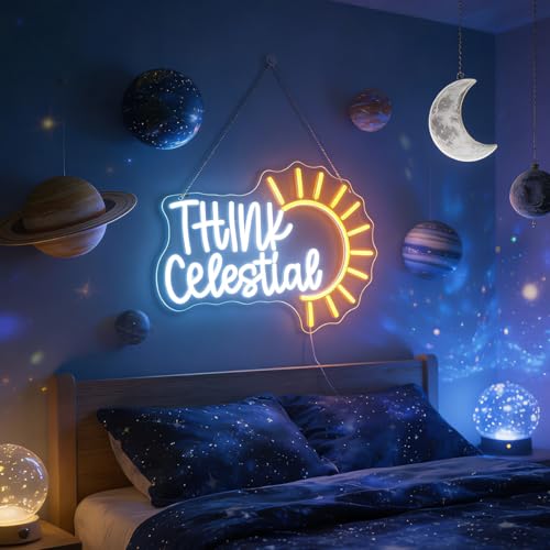 Image of inchThink Celestial inch Inspirational Neon Light - Cosmic & Expansive LED Wall Art for Meditation Space, Study, Bedroom or Yoga Room Decor, Dimmable USB, Uplifting Gift for Spiritual Seekers & Dreamers