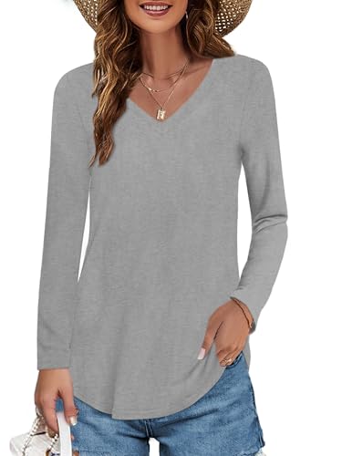 Image of Elesomo Womens T Shirts V Neck Summer Short /Long Sleeve Cotton Tops Tees