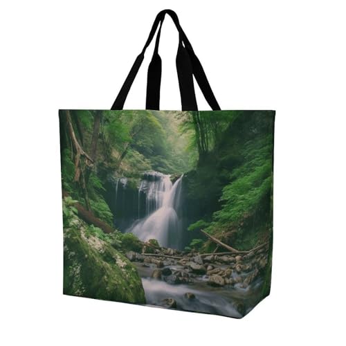 Forests with Waterfalls Trees Large Grocery Tote Bag Women Fashion Handbag Duty Reusable Shoulder Bag for Travel Vacation Shopping Beach Bags