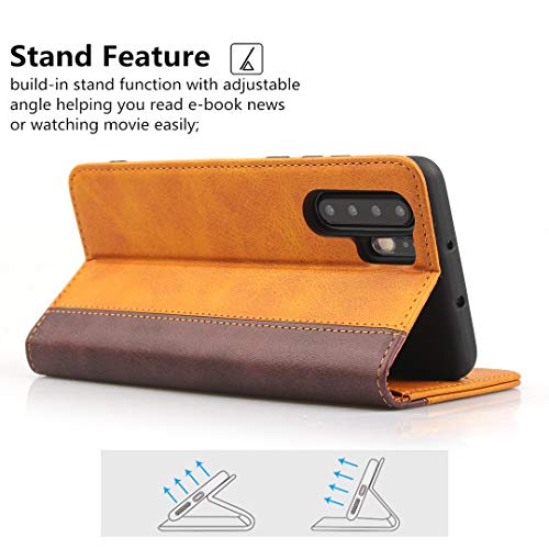 Icovercase Compatible With Huawei P30 Pro Wallet Case, Premium Pu Magnetic Leather Card Slots Holder Kickstand Soft Tpu Flip Cover Case (Khaki+Brown) #TOP3