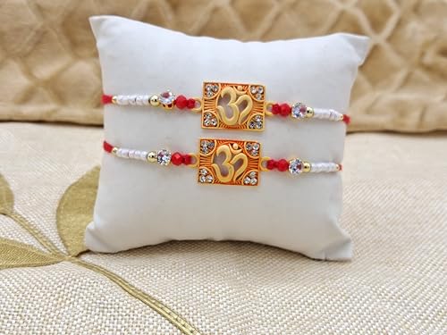 Rakhi for Brother, Brass Stylish Square OM Designing Bracelet Rakhi with Golden Beads- Thread Raksha Bandhan Rakhi Gift, Wrist Bands for Loving Sibling/Brother Sister, Friends & Father - Set of 24