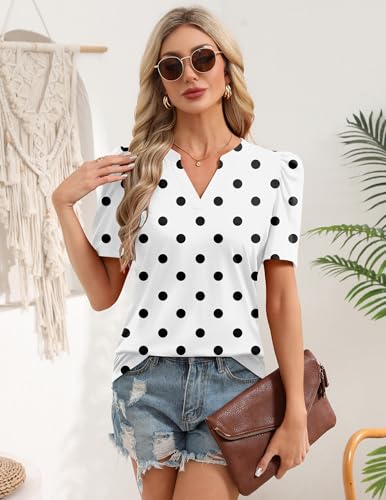 Image of Zeagoo Women Blouses Puff Short Sleeve Tops V Neck Dressy Casual Spring Shirts Boho Floral Cute Clothes 2026