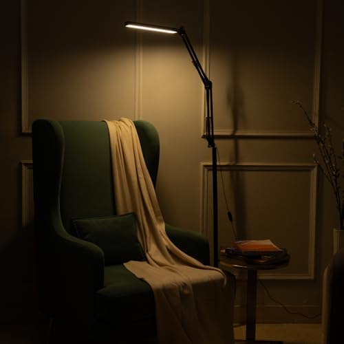 Image of NYRWANA Adjustable LED Floor Lamp for Living Room | Swing Arm Desk Light with Stable Metal Base | 3-Level Color Control LED | Eye-Care Work Lamp for Home, Office, Craft & Study (Black)