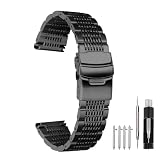Kai Tian Premium 22mm Schwarz Edelstahl Armbanduhr Mesh Uhrenband für Damen Herren Doppelschlösser Faltschließe  ...