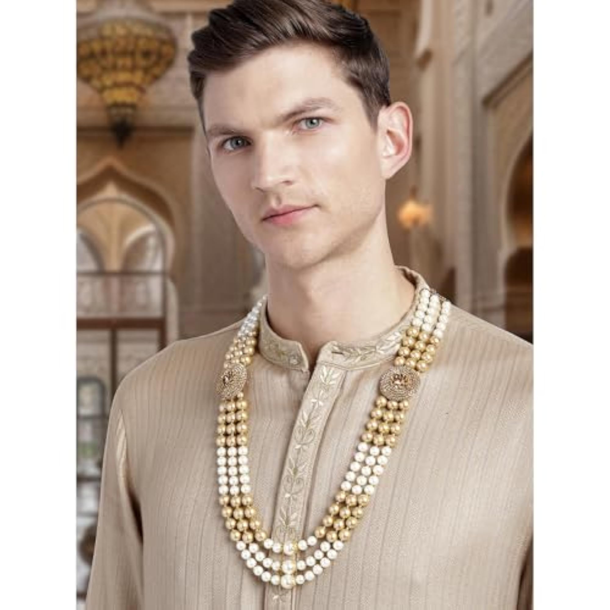 Gold Plated Champagne Beads Sherwani Maala Haar Necklace for Men