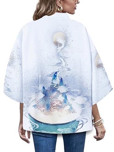 Image of LAI MENG FIVE CATS Women's Floral Print Loose Blouse Japanese Kimono Tops | Puff Sleeve,Cover up Top,Casual Cute Tops,Summer Cardigans 2026