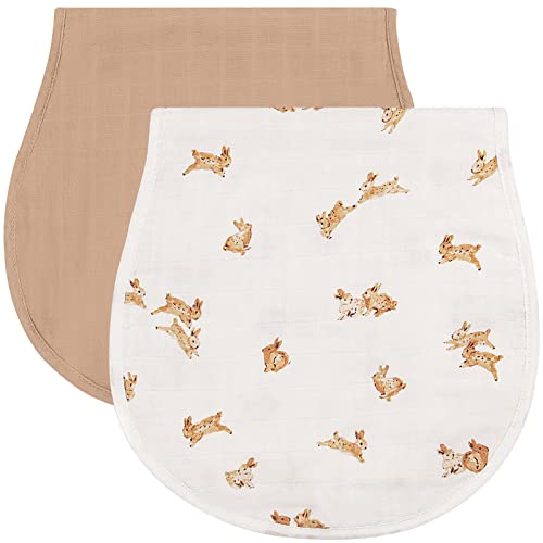 Image of LifeTree Muslin Baby Burp Cloths Sets for Unisex- 2 Pack Large Organic Cotton Burping Clothes for Newborn, Baby Girls and Boys (Rabbit & Solid)