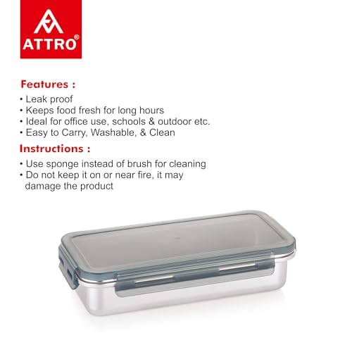 Image of Attro Steelox Rectangle Stainless Steel Container with Plastic Seal Lid BPA Free Food Grade Leak-Proof Ideal for School, Office & Outdoor Lunch Pack - 630ml Grey