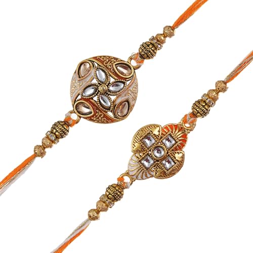 Image of eCraftIndia Multicolor Set of 2 Om Symbol and Peacock Designer Religious Rakhis with Roli Chawal Pack