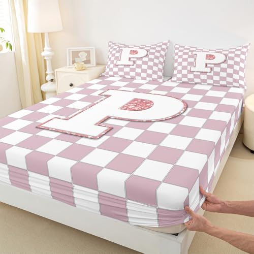 Image of Erosebridal Pink Initial P Bed Sheets Full Kawaii Plaid Checkered Sheet Set Cute Personalized Monogram Bedding Set for Kids Girls Teen Women,Fashion Grids Gingham Fitted Flat Sheets 4 Piece