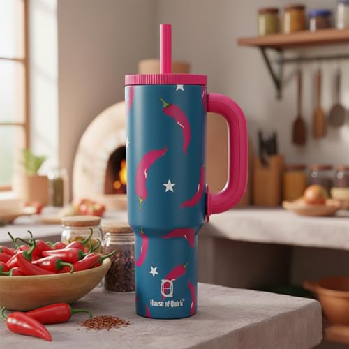 Image of House of Quirk 1200ml Stainless Steel Tumbler with Handle, Straw & Straw Cap | Leakproof Water Bottle | Large Capacity Travel Mug (Chili Twist)
