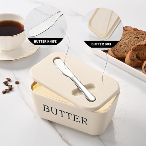 Image of Kyraton Large Plastic Butter Dish with Lid and Knife, Food Grade PP Butter Holder Keeper with Cover for Kitchen Refrigerator Butter Container (White)