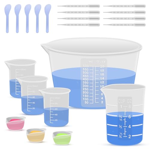 SWIGRANCE Silicone Resin Mixing Measuring Cups for Resin Supplies, 600ml/20oz Bowl, 250 & 100ml Thickened Reusable Silicone Cups for Epoxy Mixing, with Stir Sticks and Pipettes, Jewelry Making