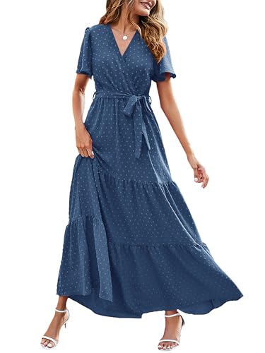 MASCOMODA Women Boho Swiss Dot Maxi Dresses Wrap V...