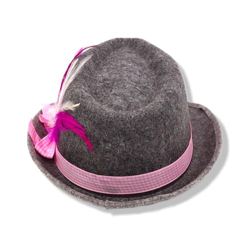 BF Souvenirs Damen Trachtenhut ROSI – grauer Fedora mit rosa-weißer Feder | Kostüm- & Partyhut für Karneval, Fasching, Oktoberfest & JGA