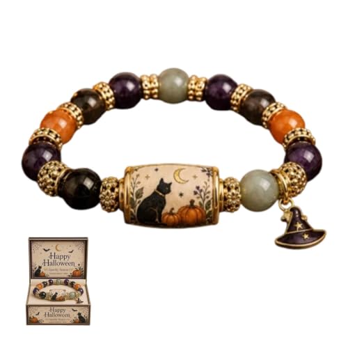 Limited Edition 2026 Halloween Black Cat Pumpkin Beaded Bracelet Gift Set Stretch Halloween Bracelet with Witch Hat Charm Spooky Season Jewelry for Women Fall Autumn Jewelry Gift 1pc