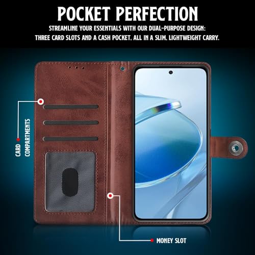Image of WOW IMAGINE Shock Proof Flip Cover Back Case for Mi Redmi 12 5G | Redmi 12 4G | Poco M6 Pro 5G (Magnetic Button Flip Case | Wallet Pockets & Stand | Leather Finish | Coffee)