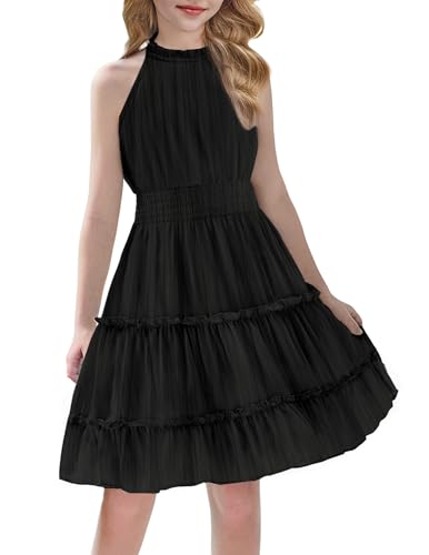 Arshiner Vestidos Verano para Niñas Fiesta Negro Informal Midi Cuello Halter Vestido de Niños Sólido Sin Mangas Vestido de Noche Ligero de Gasa Vestidos de Fiesta para Niñas 8-9 Años