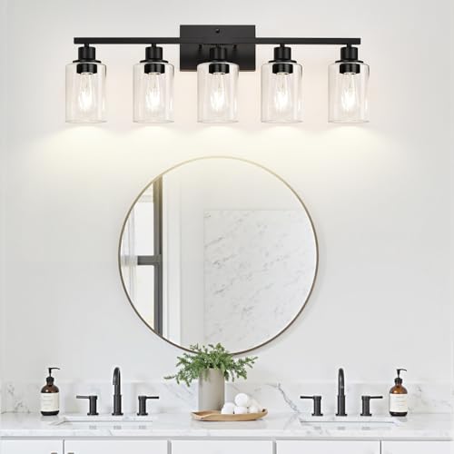 Image of Indoi 5-Light Bathroom Light Fixtures, Matte Black Modern Vanity Lights with Clear Glass Shades, Bathroom Wall Lamp for Mirror Living Room Cabinet Bedroom Porch