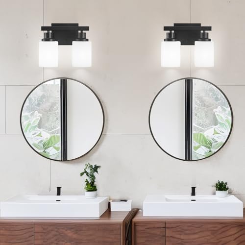 Image of Bathroom Light Fixtures Over Mirror 2-Light Black 10.6in | White Frosted Ribbed Glass Shade Vanity Lights Bathroom Wall Lamp Sconces for Mirror Bedroom Hallway Small Space E26 Base