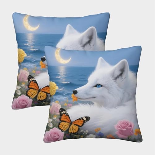 Funda De Cojín con Zorro Ártico Juego De 2, Microfibra Suave Funda De Almohada con Cremallera Invisible, Fundas Decorativas para Sofá Coche Cama Sillas, 40x40cm