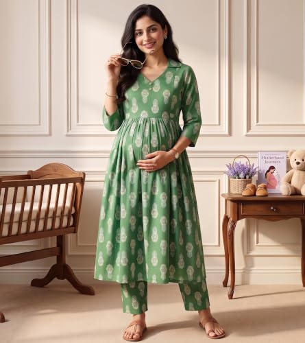 Image of DUMMY SHAPE Maternity Dresses for Women Cotton | Floral Kurta Pant Dupatta Set with Nursing Zippers, Side Pocket | Pre & Post Pregnancy | Feeding Kurti Suit | Baby Shower | Gifts for Pregnant Woman