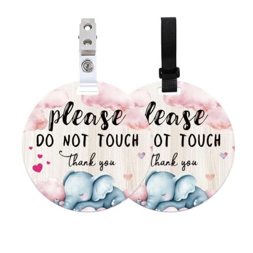 Image of BEUNITONE 2 Pack Cute Elephant No Touching Signs Pink Stop No Touching Safety Sign for Family PVC Seat Signs-Stroller Tag with Hanging Strap and Clip for Car Accessories 5 Inches