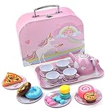BEIAOSU Teeservice Set Teeset für Kinder mit Koffer Kaffeeservice Geschirr aus Zinn 24 Teilig Rollenspiele Puppengeschirr Kinderküche