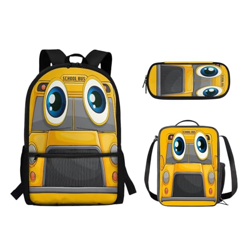 Pzuqiu Cartoon School Bus School Backpack 3PCS Set for Teens Kids Large Capacity Backpack with Lunch Bag & Pencil Case for Elementary Primary Middle Students Go to School Gift