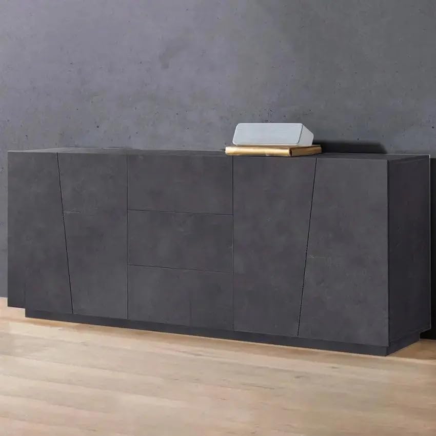 Generico Credenza, 4 ante e 3 cassetti, 220x43x86 cm, Ardesia, Melaminico, Modello VEGA, Design Moderno Made in Italy