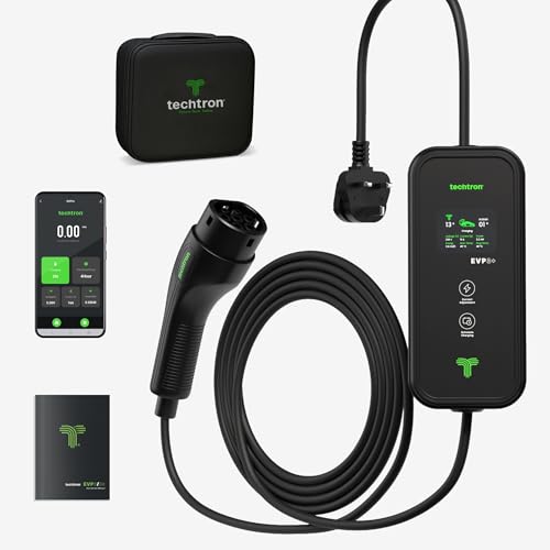 techtron EVP3+ Chargeur portable pour voiture EV, niveau 2, 3,2 kW type 2, prise britannique, chargement de véhicule électrique, étanchéité IP67, Bluetooth 5.3 et contrôle intelligent Wi-Fi, câble de