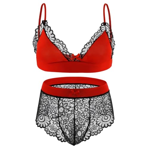 Men's Sissy Bikini Crossdressing Lingerie Set 2PCS Lace Sissy Bra and Thong Underwear