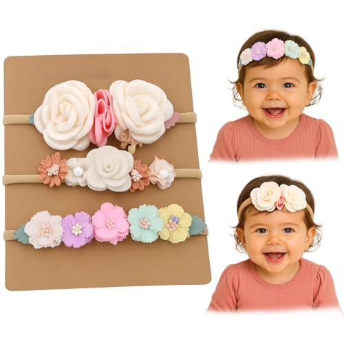 Image of SYGA 3 Pcs Baby Headband, Flower Stretchable, Nylon HairBand for Newborn Infant Toddlers Kids 0-3 Year-Design-6