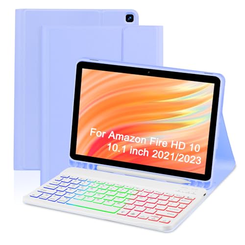 Eampang Case With Keyboard For Amazon Kindle Fire Hd 10&10 Plus (2021&2023) 10.1 Inch,7 Color Rainbow Backlit Detachable Keyboard Magnetic Case cover
