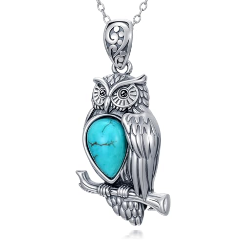 Zorlioy Natural Turquoise Owl Necklace for Women 925 Sterling Silver Genuine Turquoise Pendant Jewelry Boho Spirit Animal Heal Stone Necklaces Anniversary Birthday Gift for Her Mom Wife