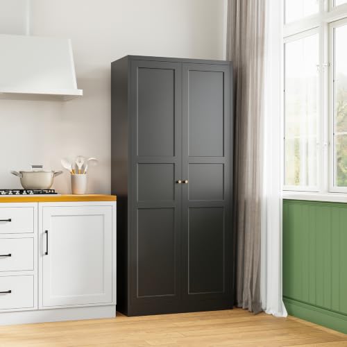 Image of Letaya Black Storage Cabinet with Adjustable Shelves-Metal Home Kitchen Pantry Cabinets with Doors,Organization Locker for Cupboard /Bedroom /Dining /Living /Bathroom /Office /Garage Room