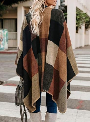 Image of Bestshe Women's Boho Open Front Poncho Plaid Shawl Wrap Cape