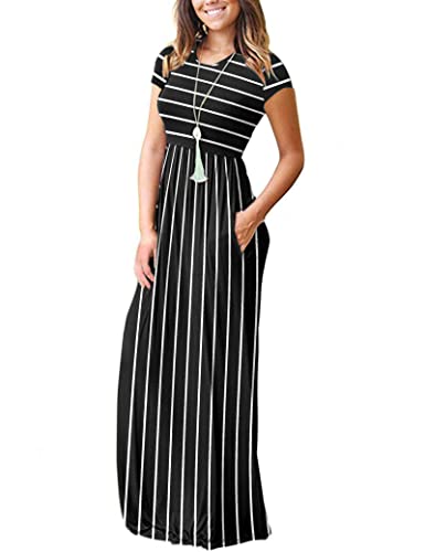 Image of MISFAY Women's Short Sleeve Maxi Dresses Long Casual Dresses with Pockets | Empire Elastic Waist, Crew Neck, Floor Length, Strentchy Flowy A Line Fit, Loose Plain Summer Outfits, Vacation Wear