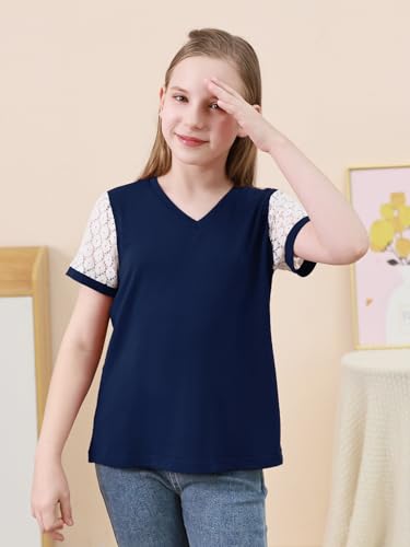 Image of GORLYA Girls Lace Sheer Sleeve Contrast T-Shirt Short Sleeve V Neck Casual Modest Tee Tops for 6-16Y