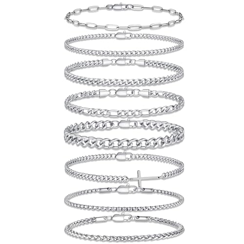 Yoosteel Mens Bracelets - Silver Chain Bracelet Stainless Steel Cuban Link Stack Bracelets Sturdy Rope Paperclip Chains Set 7.5/8.3/9 inches Trendy Jewelry for Men
