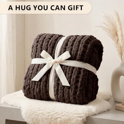 Image of L'AGRATY Chunky Knit Throw Blanket for Couch, 50 x 60 Inches, Cocoa Brown