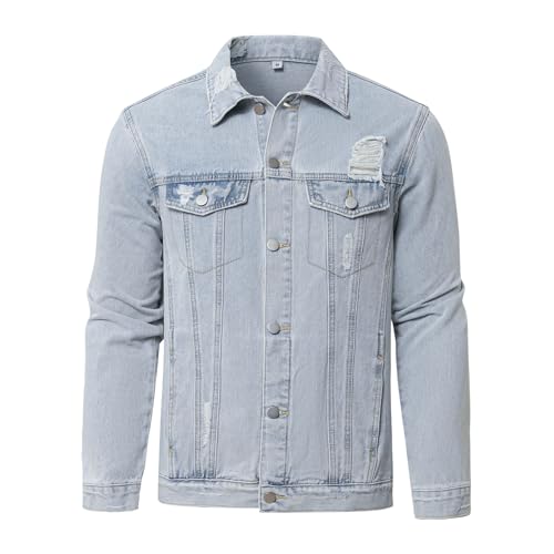 Jaqueta jeans masculina casual clássica rasgada slim, Azul claro, M