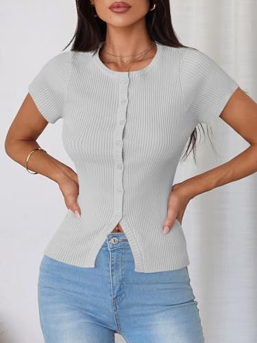 Image of Imily Bela Womens Short Sleeve Sweater Tops Summer Button Down Casual Ribbed Knit Slim Fit Cropped Cardigan Shirts