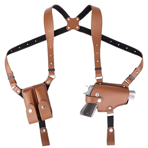 Shoulder Holster for Men Adjustable Leather Shoulder Holster for Concealed Carry Fits 1911 Glock 17/19/23 and Most Pistols Right Hand Vertical Gun Holster with Double Magazine Pouch