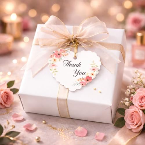 Image of CVANU Heart Shaped Thank You Tags 300-Pcs with Golden String, Floral Design Gift Tags for Wedding Favors| Birthday Party| Small Business Packaging (2.16x2.36 inch) D1
